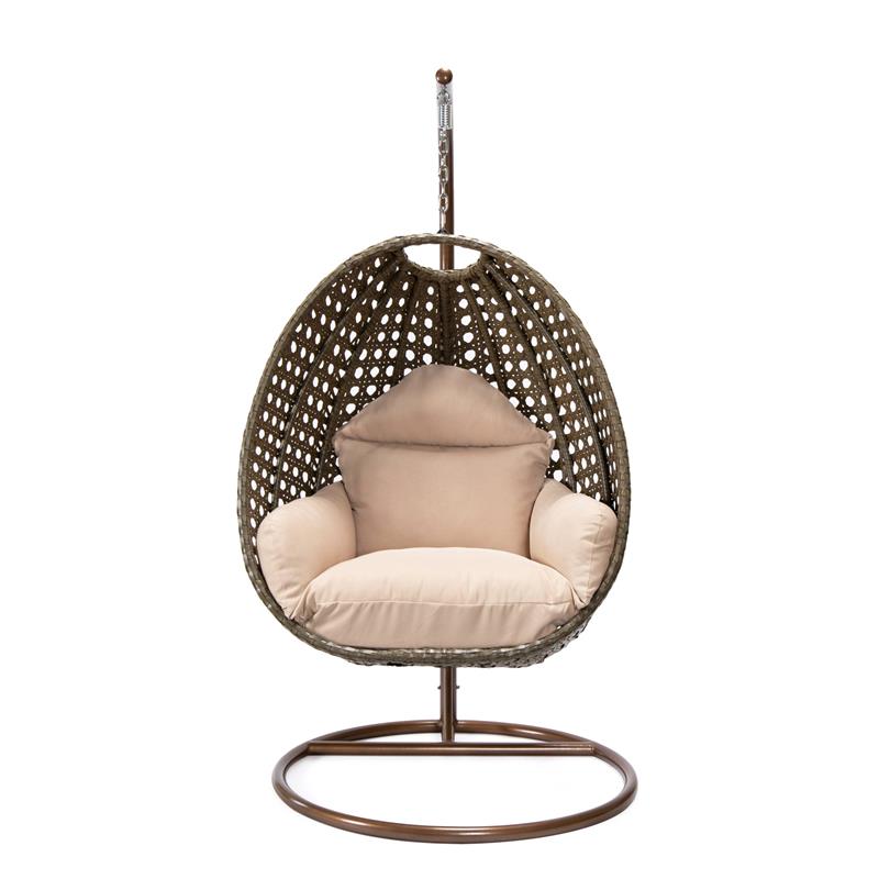 Pemberly Row Beige Wicker Patio Egg Swing Chair with Stand in Beige