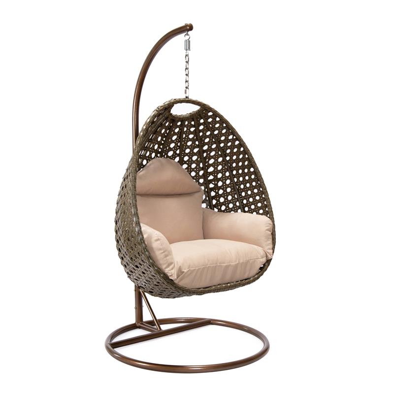 Pemberly Row Beige Wicker Patio Egg Swing Chair with Stand in Beige