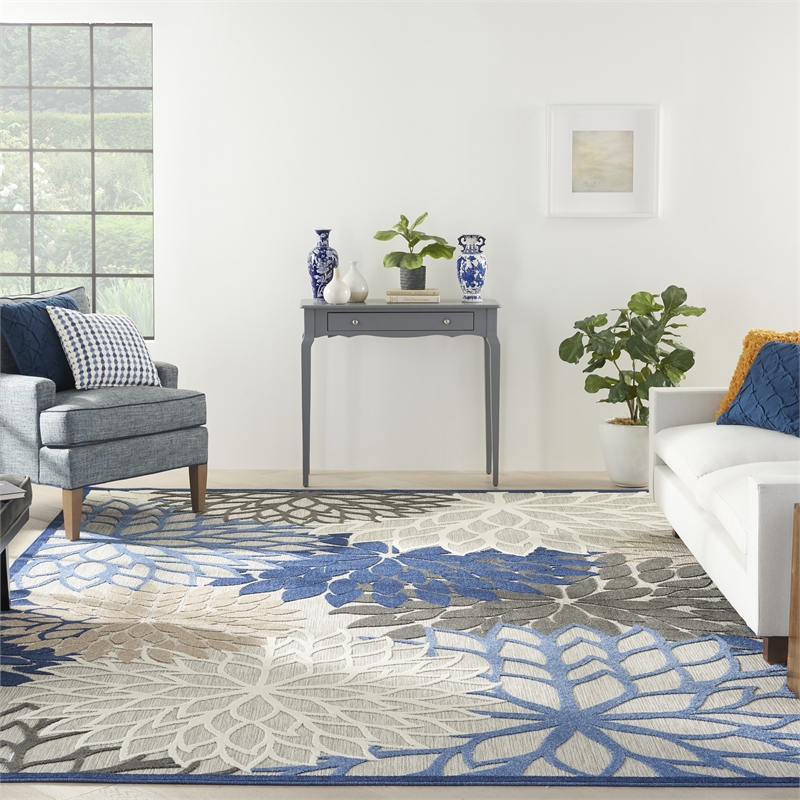 Pemberly Row Modern 12' x 15' Blue Multicolor Fabric Tropical Rug