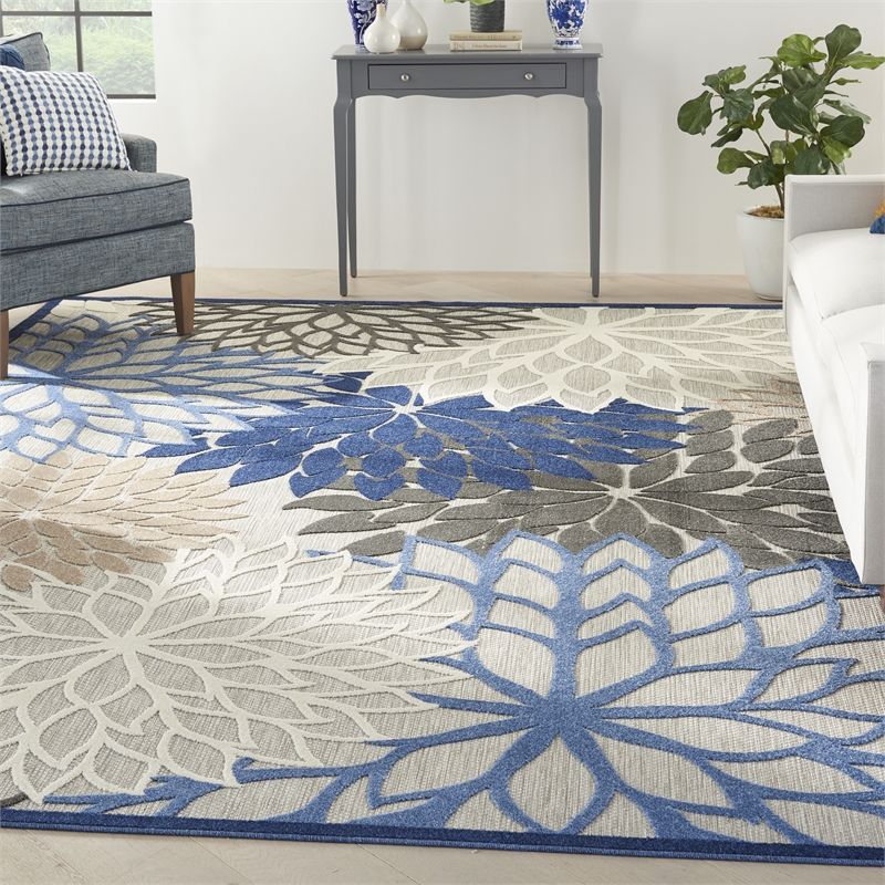 Pemberly Row Modern 12' x 15' Blue Multicolor Fabric Tropical Rug