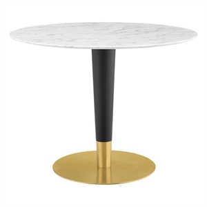 Pemberly Row 39.5&quot Round Wood and Artificial Marble Dining Table in White/Gold