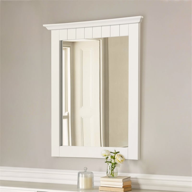 Pemberly Row Cottage Wall Mounted Wood Framed Vanity Mirror in White 21-Inch