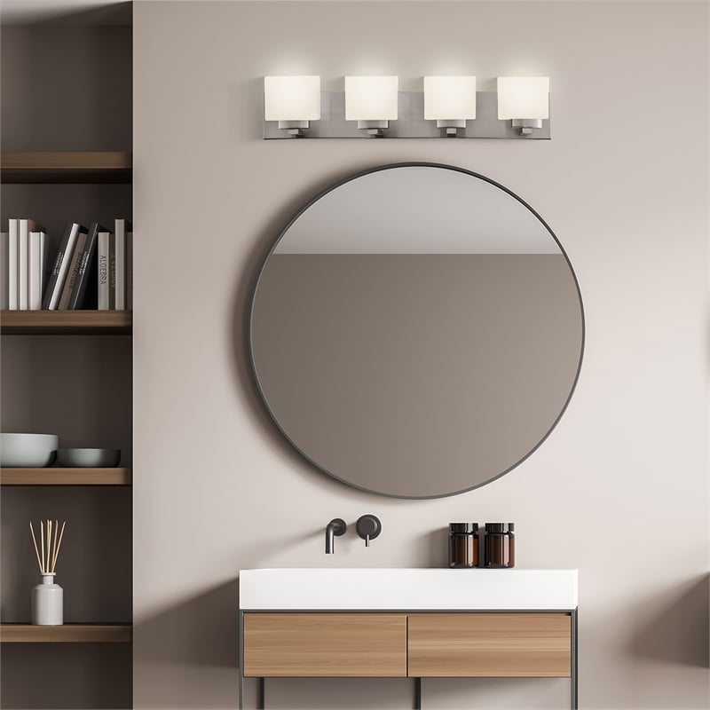 Pemberly Row Silver Stainless Steel Vanity Light in Satin Nickel 4-Light