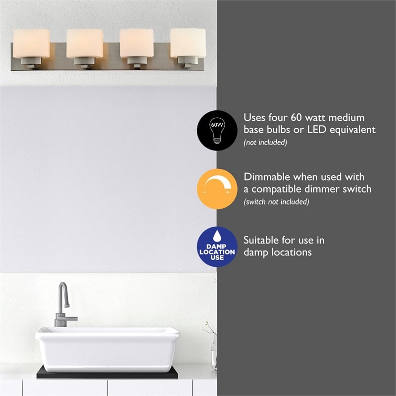 Pemberly Row Silver Stainless Steel Vanity Light in Satin Nickel 4-Light