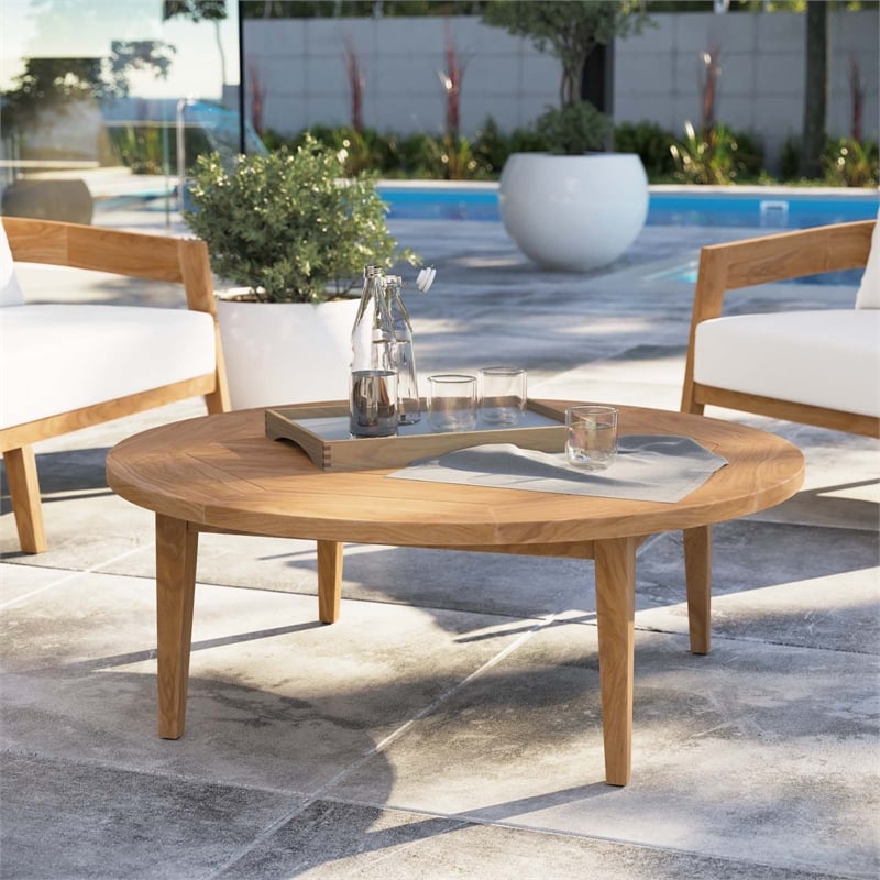 Pemberly Row Modern Round Teak Wood Outdoor Patio Coffee Table in Natural