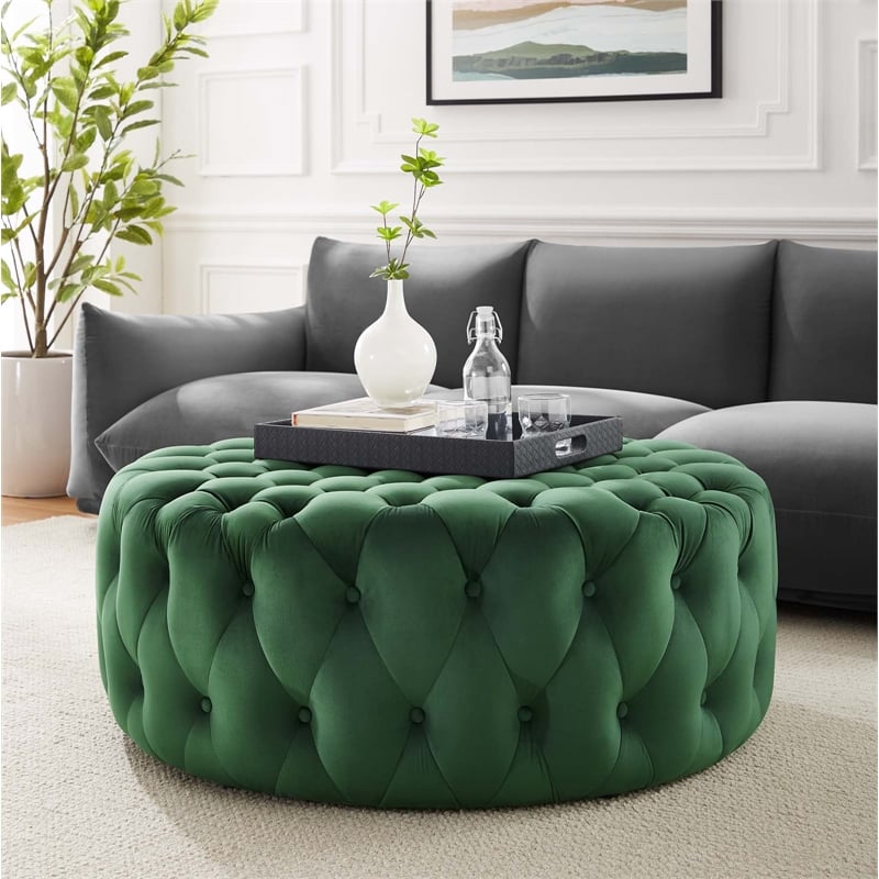 Pemberly Row Modern Button Tufted Round Velvet Ottoman in Emerald Green