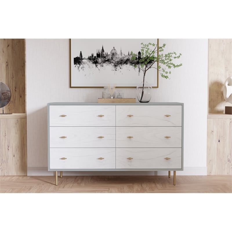 Pemberly Row Modern Wood 6 Drawer Dresser in Weathered White-Gray