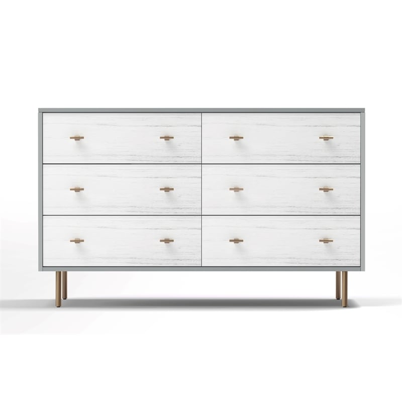 Pemberly Row Modern Wood 6 Drawer Dresser in Weathered White-Gray