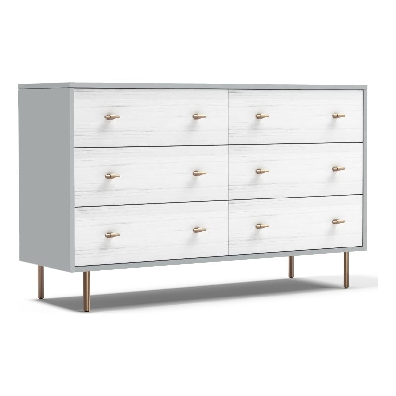 Pemberly Row Modern Wood 6 Drawer Dresser in Weathered White-Gray