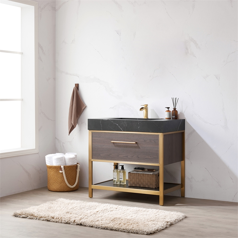 Pemberly Row Single Sink Bath Vanity - Suleiman Oak w/ Black Sintered Stone Top