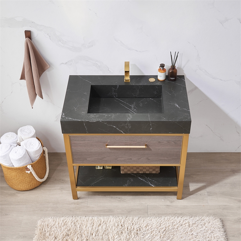 Pemberly Row Single Sink Bath Vanity - Suleiman Oak w/ Black Sintered Stone Top
