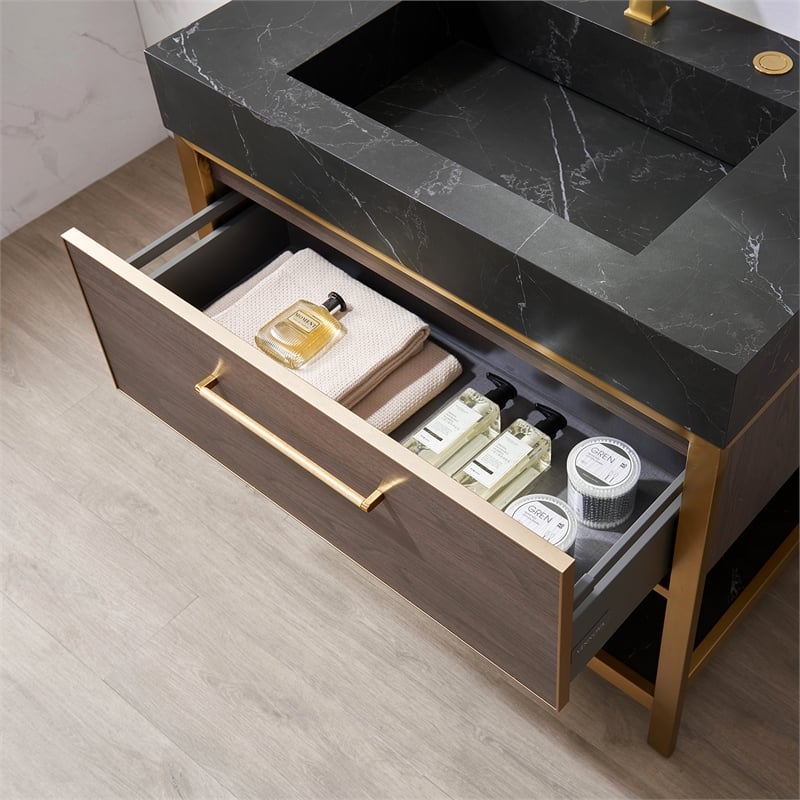 Pemberly Row Single Sink Bath Vanity - Suleiman Oak w/ Black Sintered Stone Top