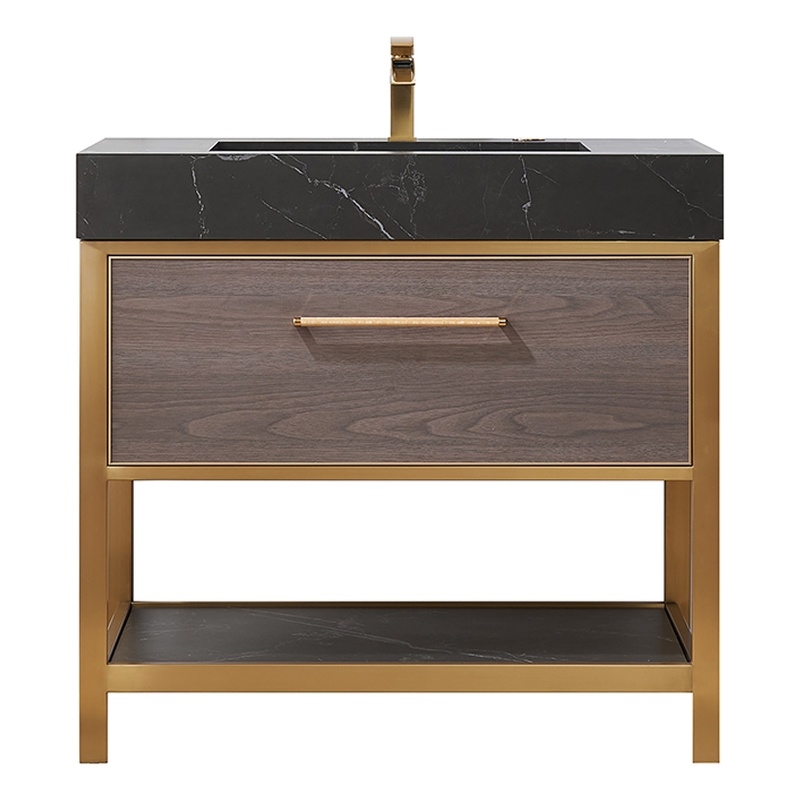 Pemberly Row Single Sink Bath Vanity - Suleiman Oak w/ Black Sintered Stone Top