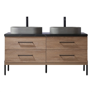 Pemberly Row 60&quot Double Sink Bath Vanity - North American Oak with Black Stone