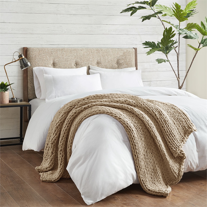 Pemberly Row Chunky Double Knit Contemporary Fabric Handmade Throw in Tan