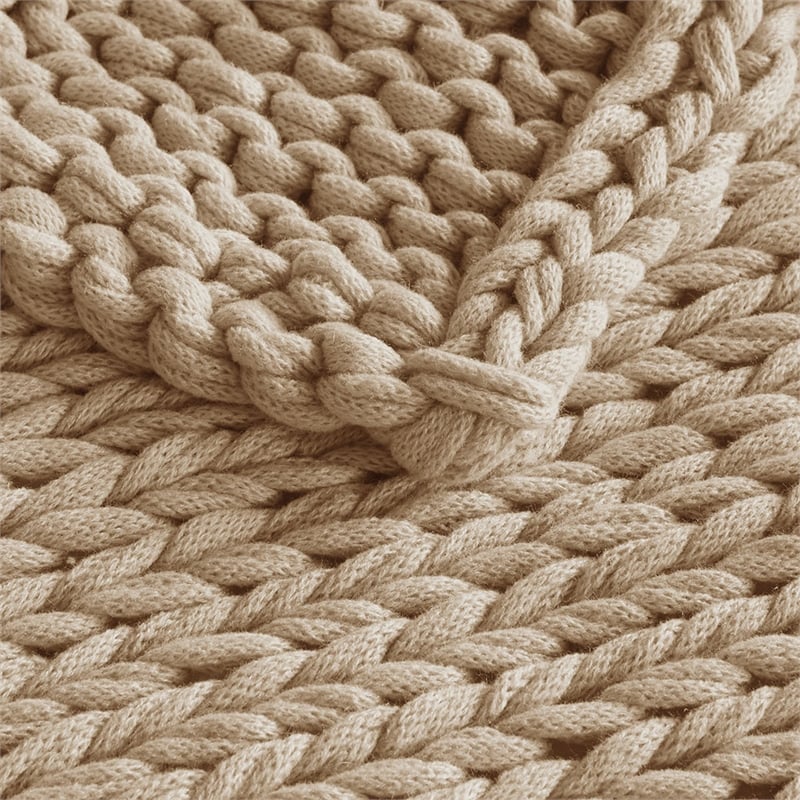 Pemberly Row Chunky Double Knit Contemporary Fabric Handmade Throw in Tan