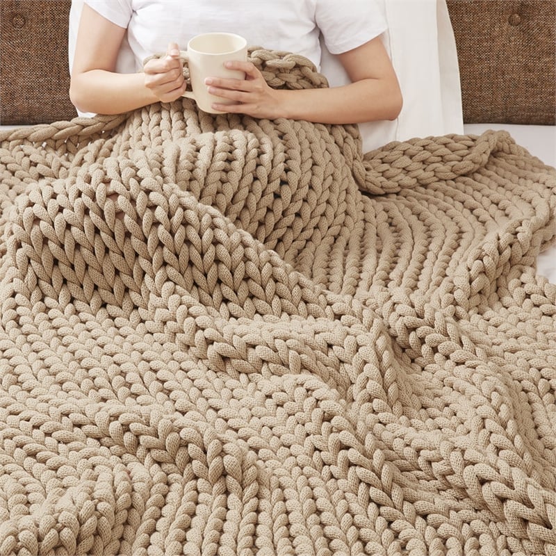 Pemberly Row Chunky Double Knit Contemporary Fabric Handmade Throw in Tan