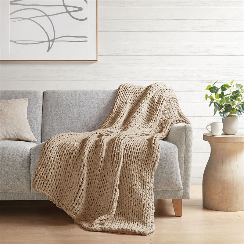 Pemberly Row Chunky Double Knit Contemporary Fabric Handmade Throw in Tan