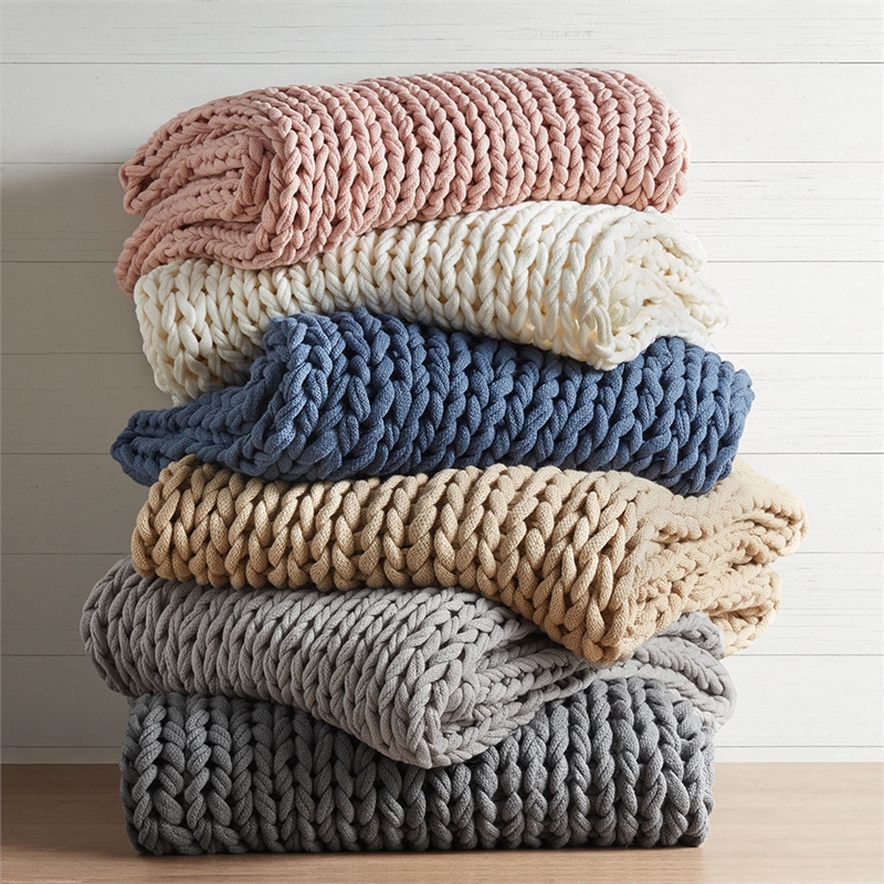 Pemberly Row Chunky Double Knit Contemporary Fabric Handmade Throw in Tan