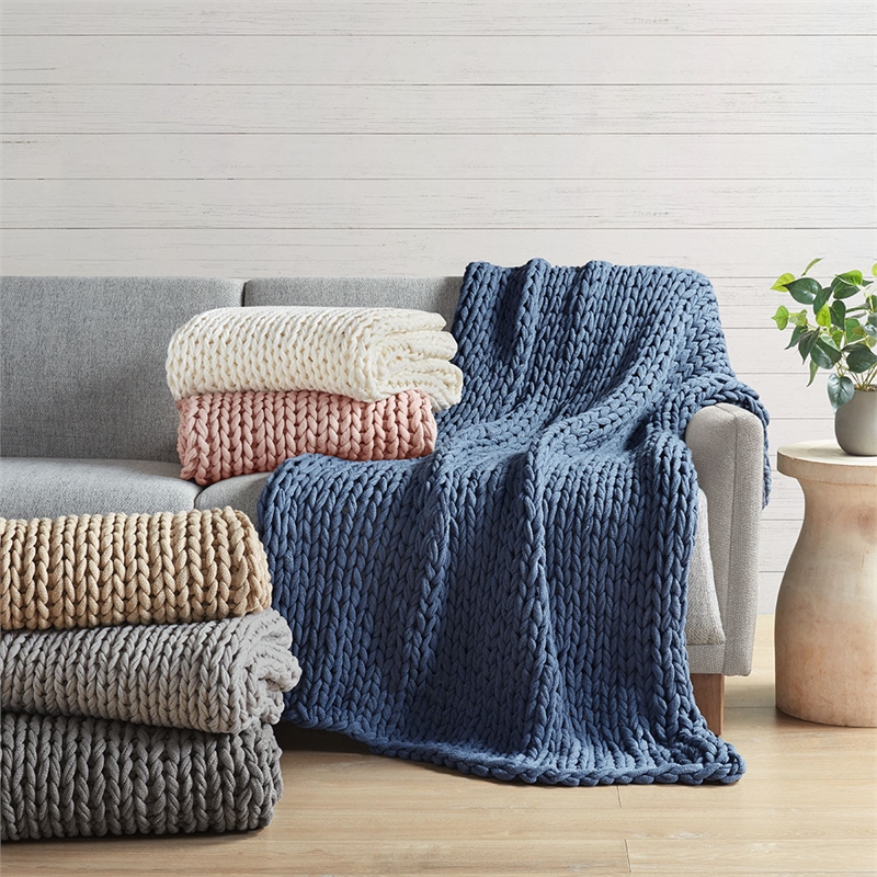 Pemberly Row Chunky Double Knit Contemporary Fabric Handmade Throw in Tan