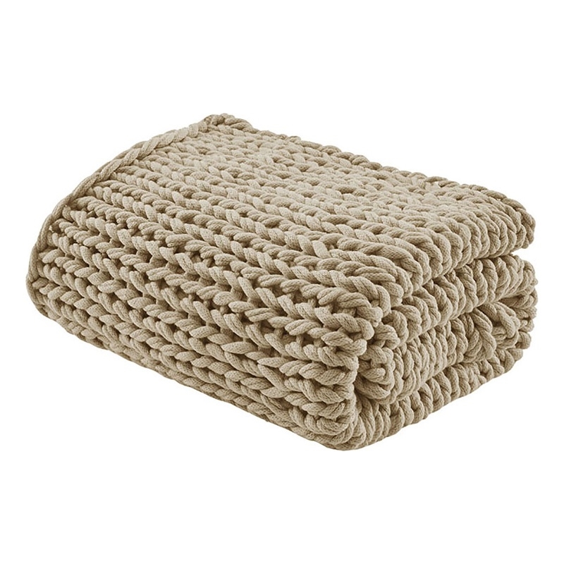 Pemberly Row Chunky Double Knit Contemporary Fabric Handmade Throw in Tan