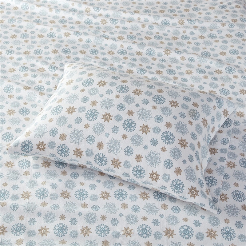 Pemberly Row Modern Flannel Sheet Set in Tan/Blue Snowflakes King
