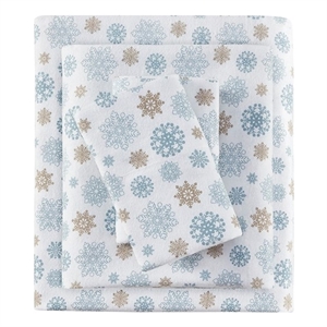 Pemberly Row Modern Flannel Sheet Set in Tan/Blue Snowflakes King