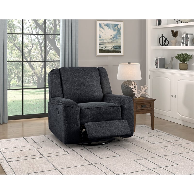 Pemberly Row Chenille Upholstered Swivel Reclining Chair in Ebony