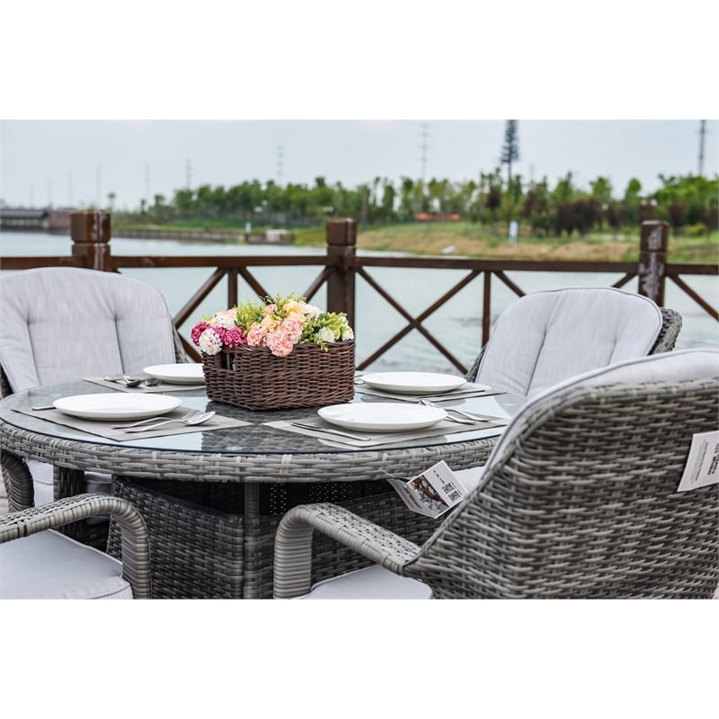 Pemberly Row Patio 5Pcs Gray Round Aluminum Rattan Outdoor Dining Set w/ Chairs