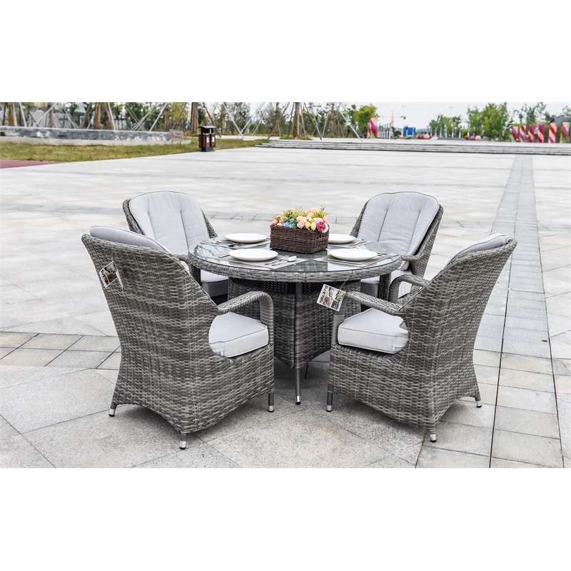 Pemberly Row Patio 5Pcs Gray Round Aluminum Rattan Outdoor Dining Set w/ Chairs