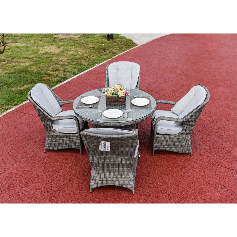 Pemberly Row Patio 5Pcs Gray Round Aluminum Rattan Outdoor Dining Set w/ Chairs