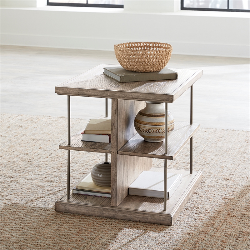 Pemberly Row Modern City Scape Wood End Table in Burnished Beige