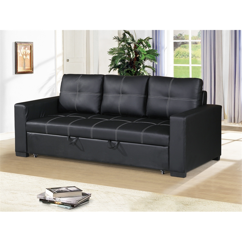 Pemberly Row Contemporary Faux Leather Convertible Sofa in Black