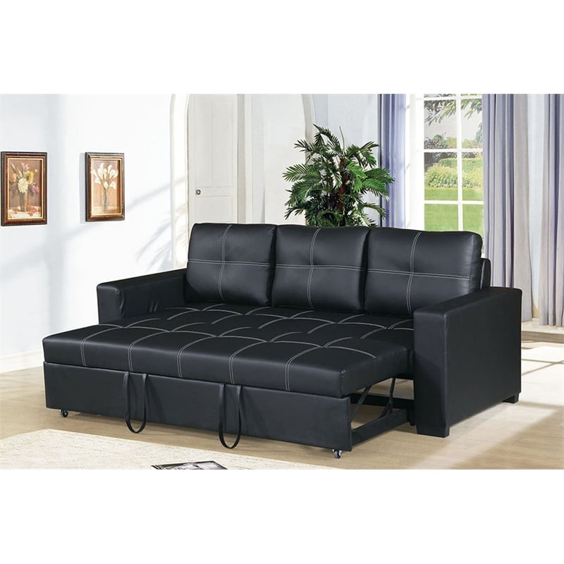 Pemberly Row Contemporary Faux Leather Convertible Sofa in Black