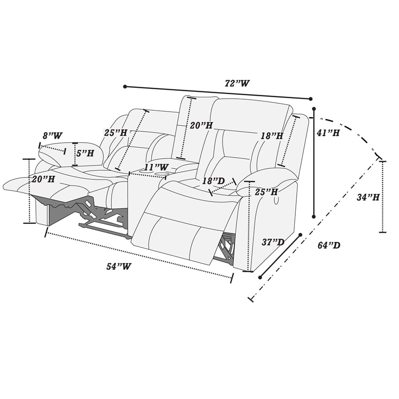 Pemberly Row Two Seater Gel Leatherette Loveseat Recliner in Gray