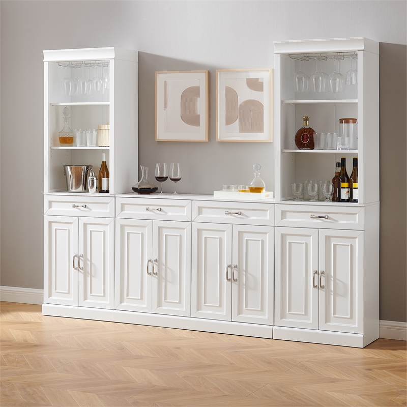 Pemberly Row 3-PC Wood/Metal Sideboard And Bar Cabinet Set in White