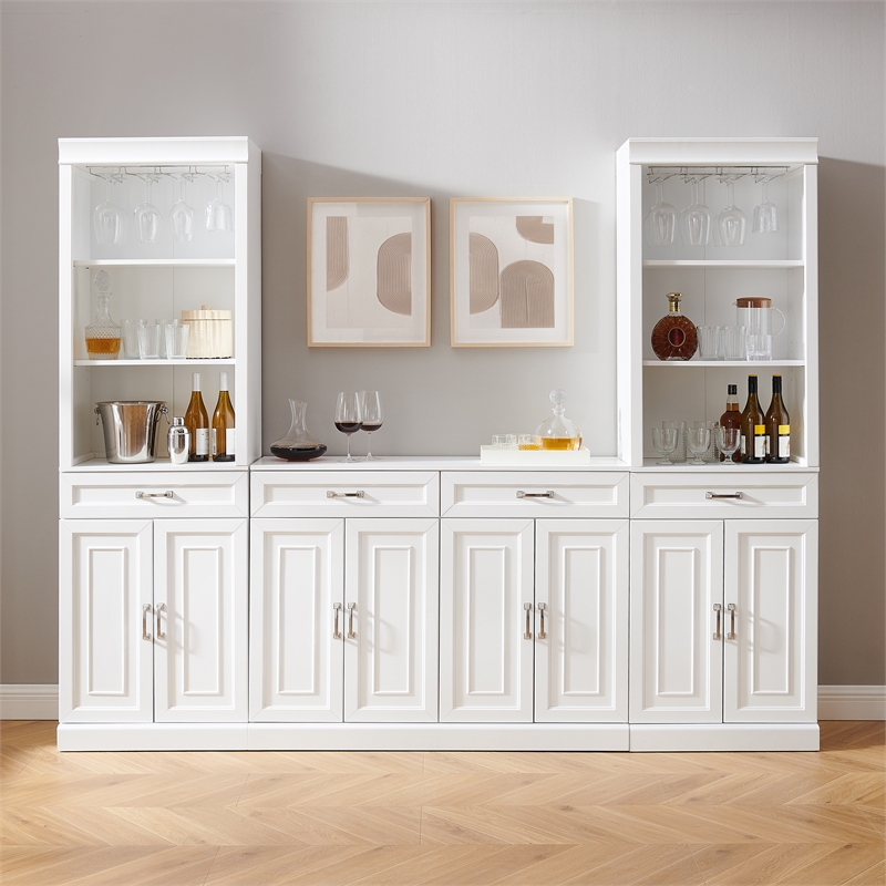 Pemberly Row 3-PC Wood/Metal Sideboard And Bar Cabinet Set in White