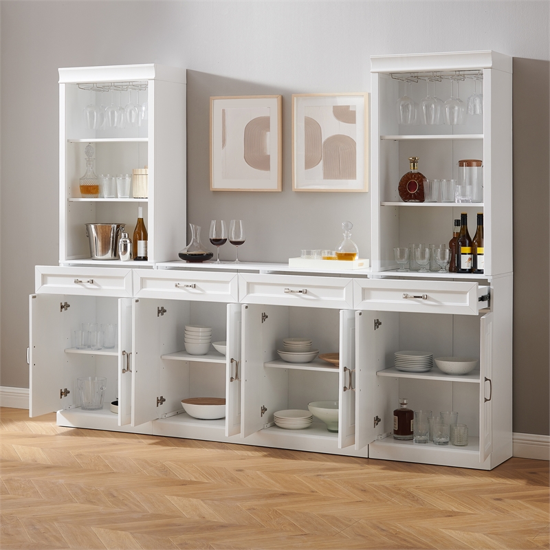 Pemberly Row 3-PC Wood/Metal Sideboard And Bar Cabinet Set in White