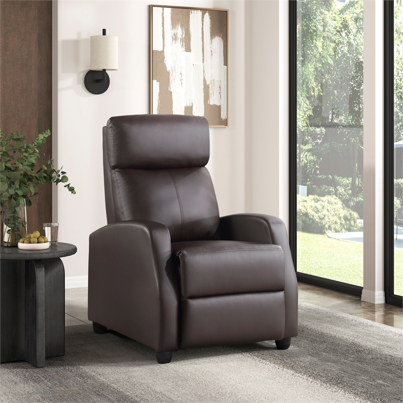 Pemberly Row Faux Leather Push Back Reclining Chair in Dark Brown
