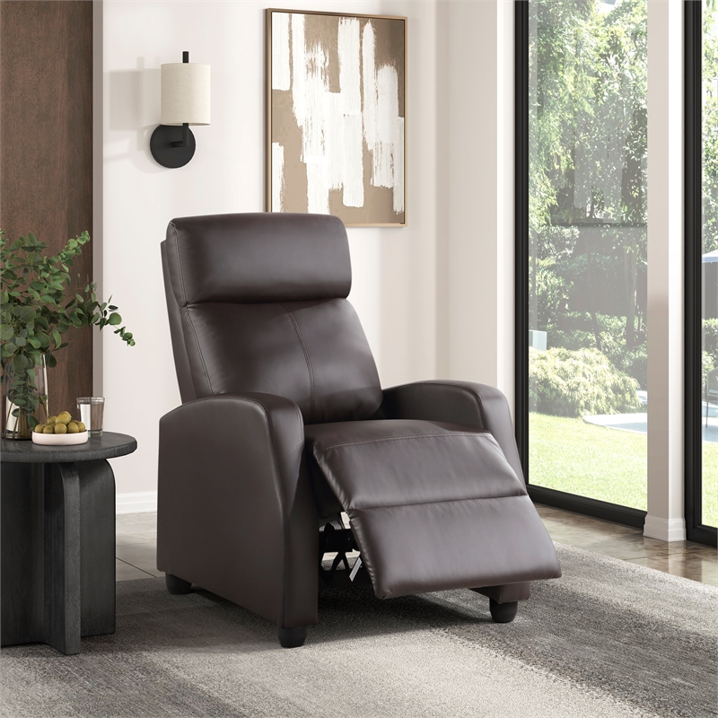 Pemberly Row Faux Leather Push Back Reclining Chair in Dark Brown
