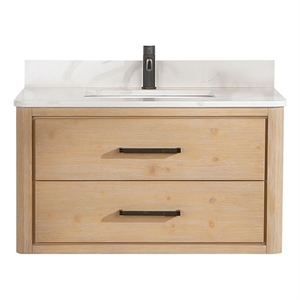 Pemberly Row 36&quotW Wood Brown Single Bath Vanity w/ Fish Maw White Quartz Stone