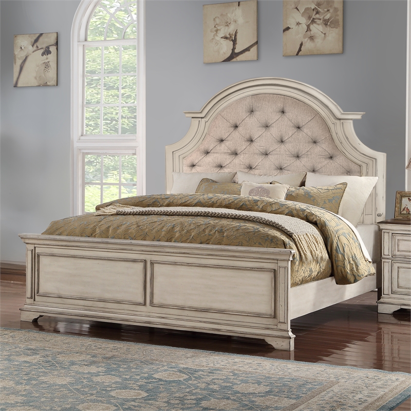 Pemberly Row Traditional Wood Queen Bed in Antique White Finish