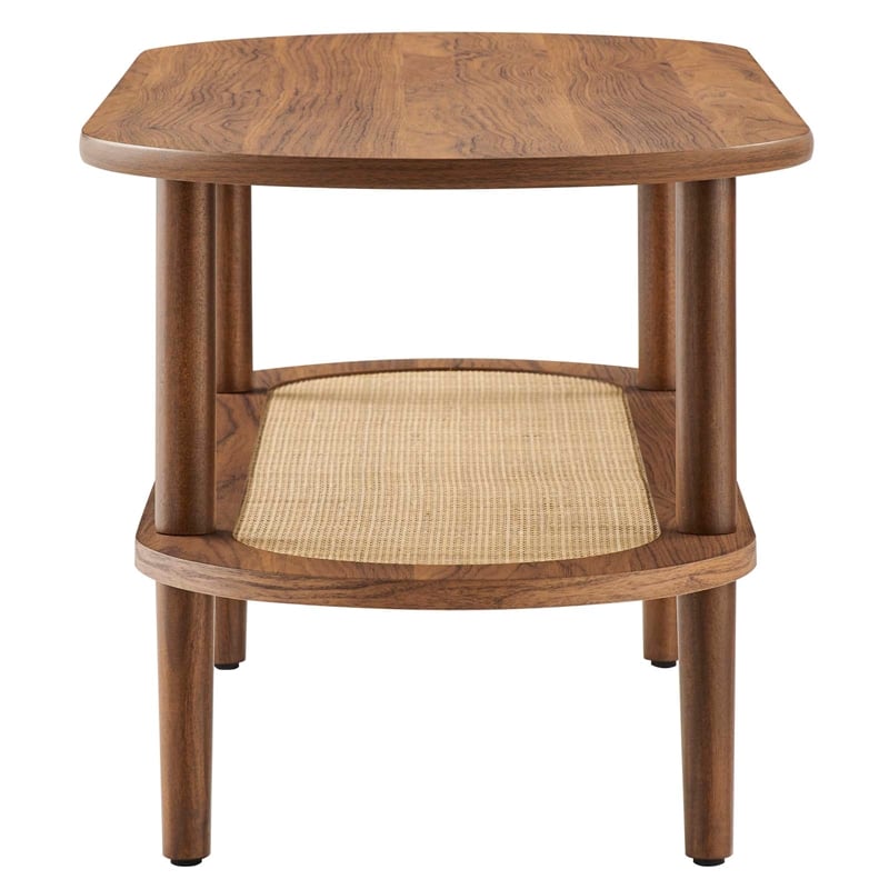 Pemberly Row Oval Wood Coffee Table with Lower Rattan Shelf in Walnut