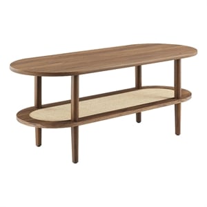 Pemberly Row Oval Wood Coffee Table with Lower Rattan Shelf in Walnut
