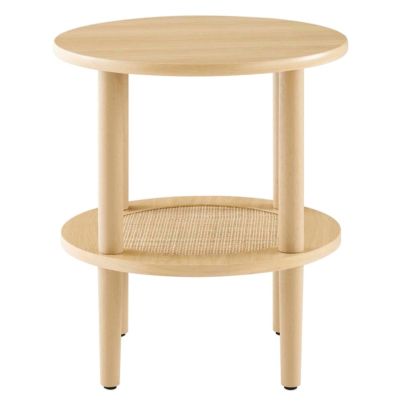 Pemberly Row Round Wood Side Table with Lower Rattan Shelf in Oak