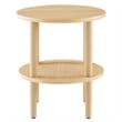 Pemberly Row Round Wood Side Table with Lower Rattan Shelf in Oak
