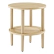 Pemberly Row Round Wood Side Table with Lower Rattan Shelf in Oak