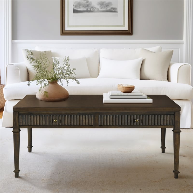 Pemberly Row Solid Wood Coffee Table with 2 Drawers in Coffee