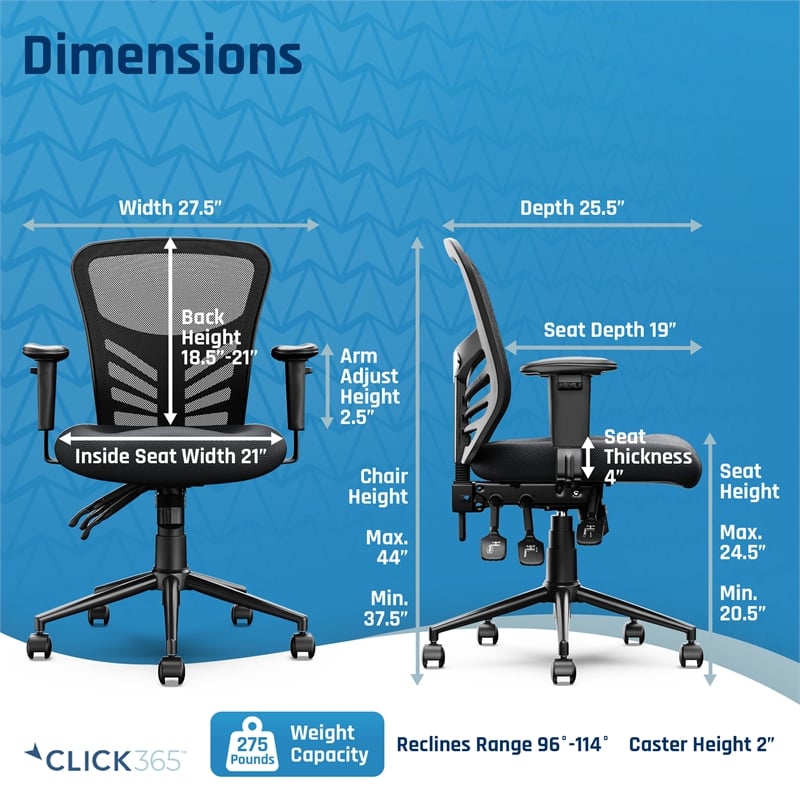 Pemberly Row Flow Mid Back Mesh Office Chair Lumbar Support Padded Seat in Black
