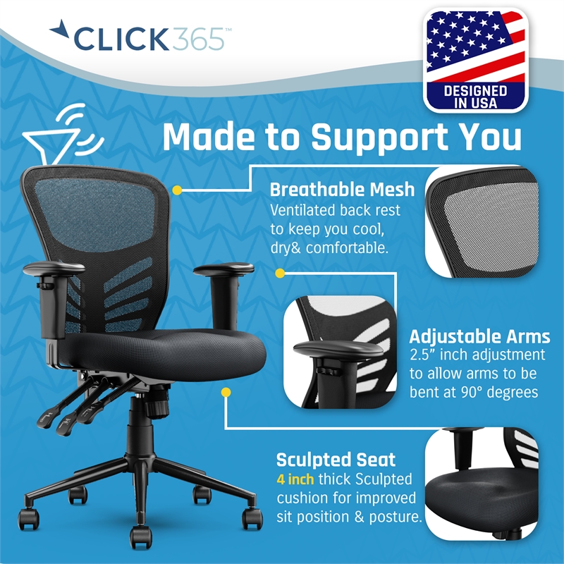 Pemberly Row Flow Mid Back Mesh Office Chair Lumbar Support Padded Seat in Black